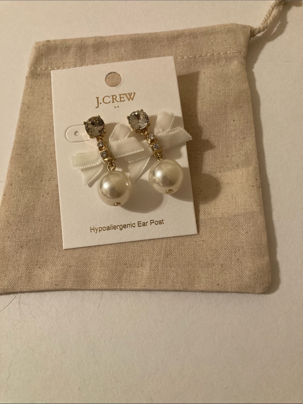 JCrew Factory crystal bow and pearl drop statement earrings